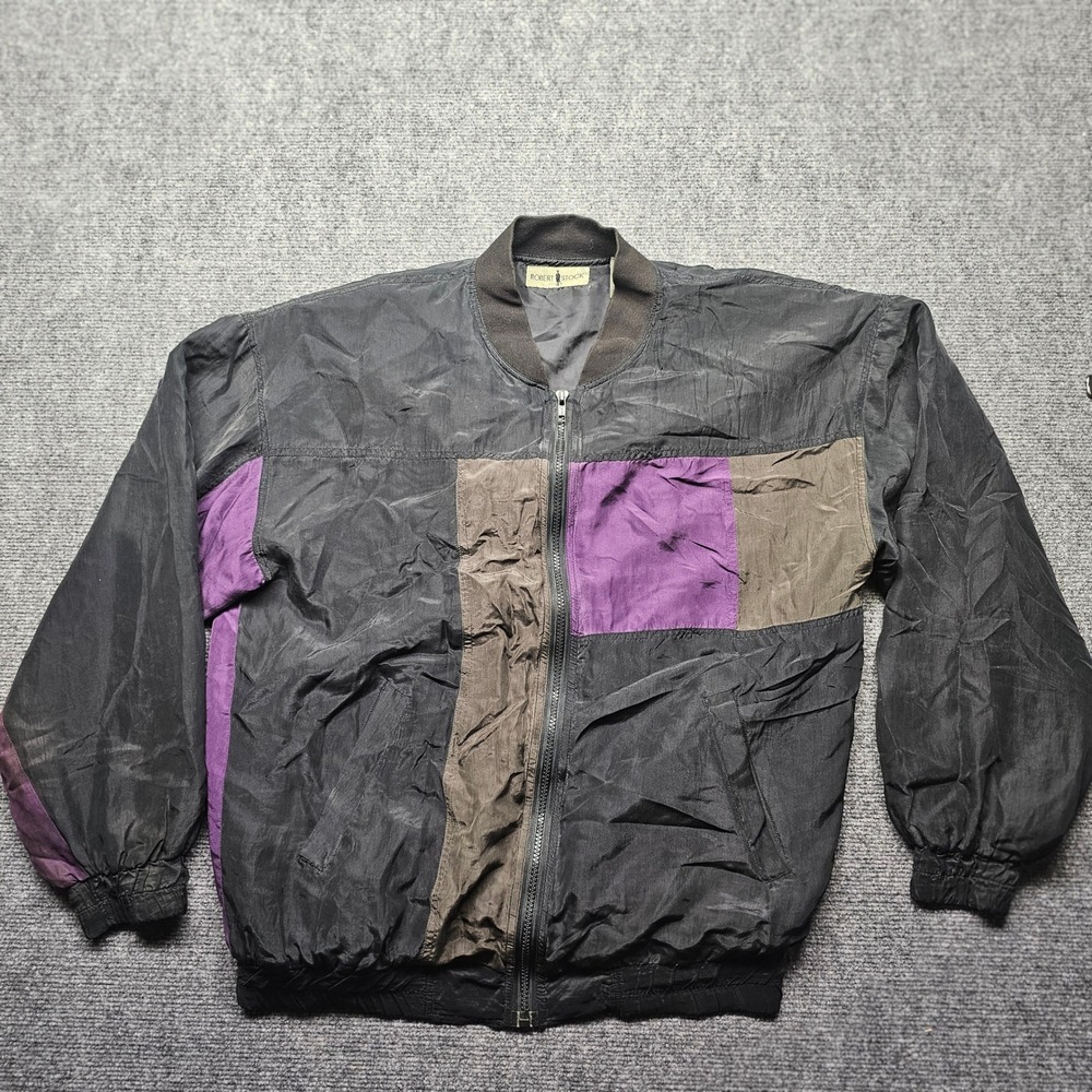 Robert Stock Vintage 100% Silk Colorblock Bomber Jacket Black Purple Mens Medium